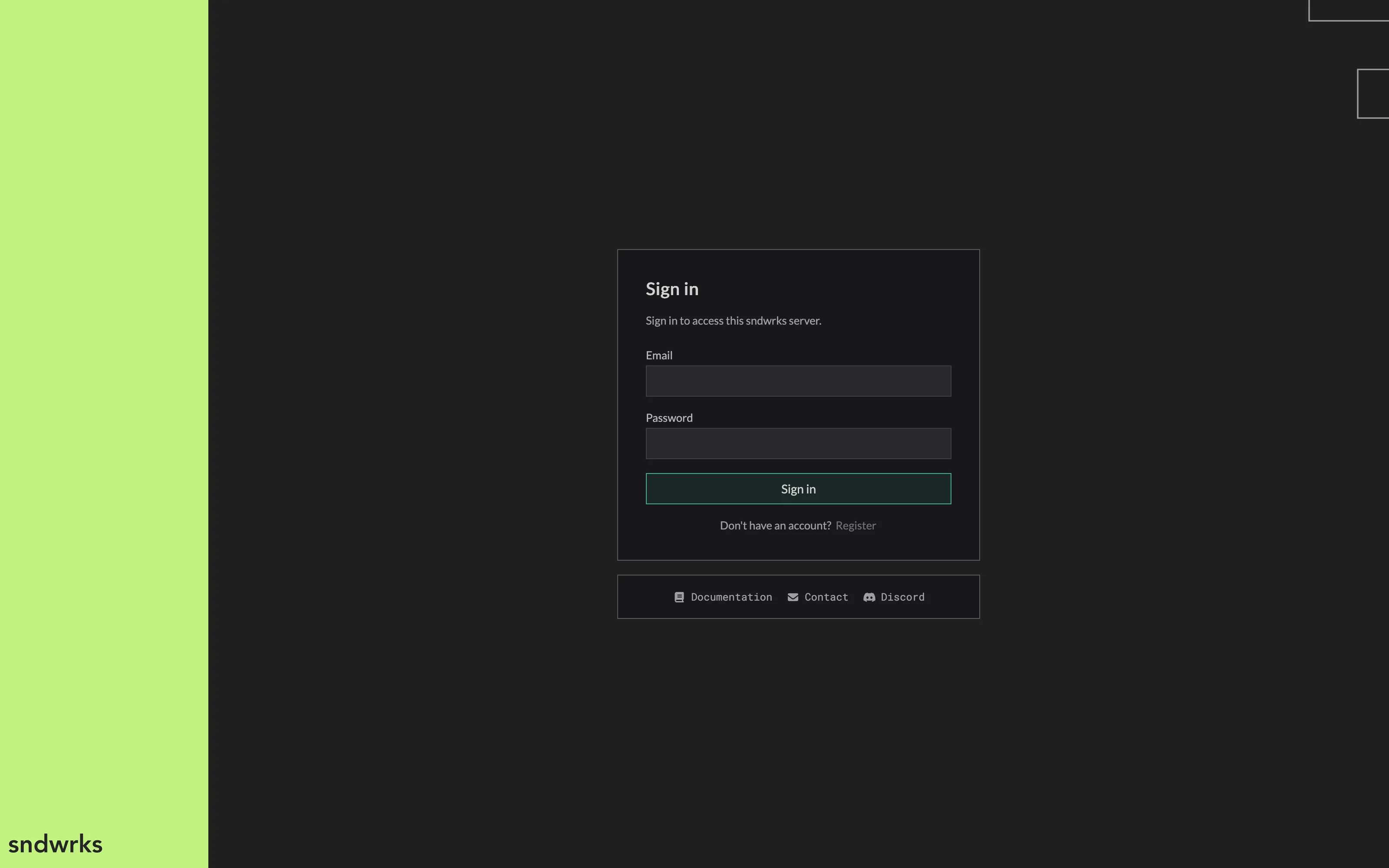 The sndwrks sign-in screen