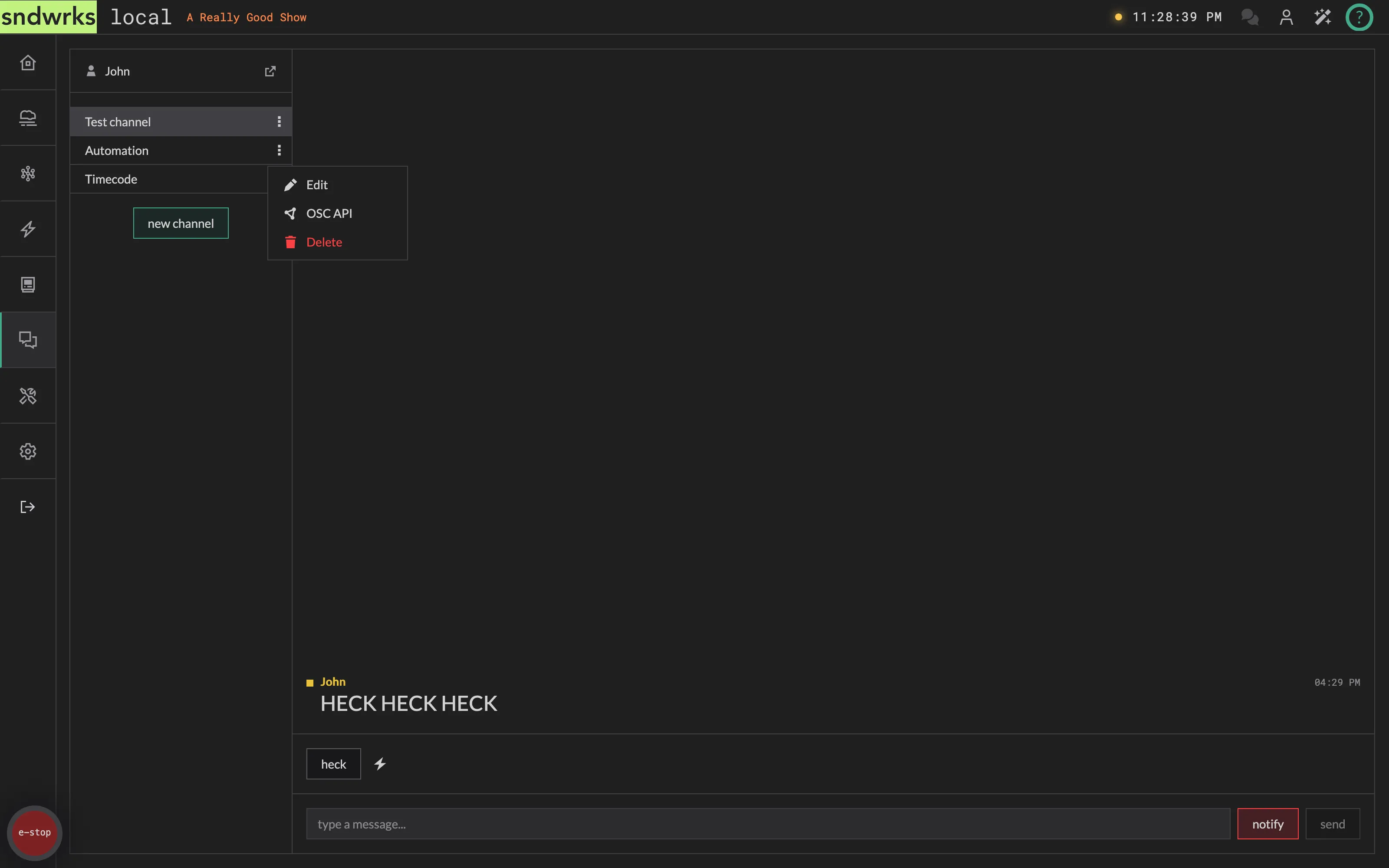 The channel list with the row menu open