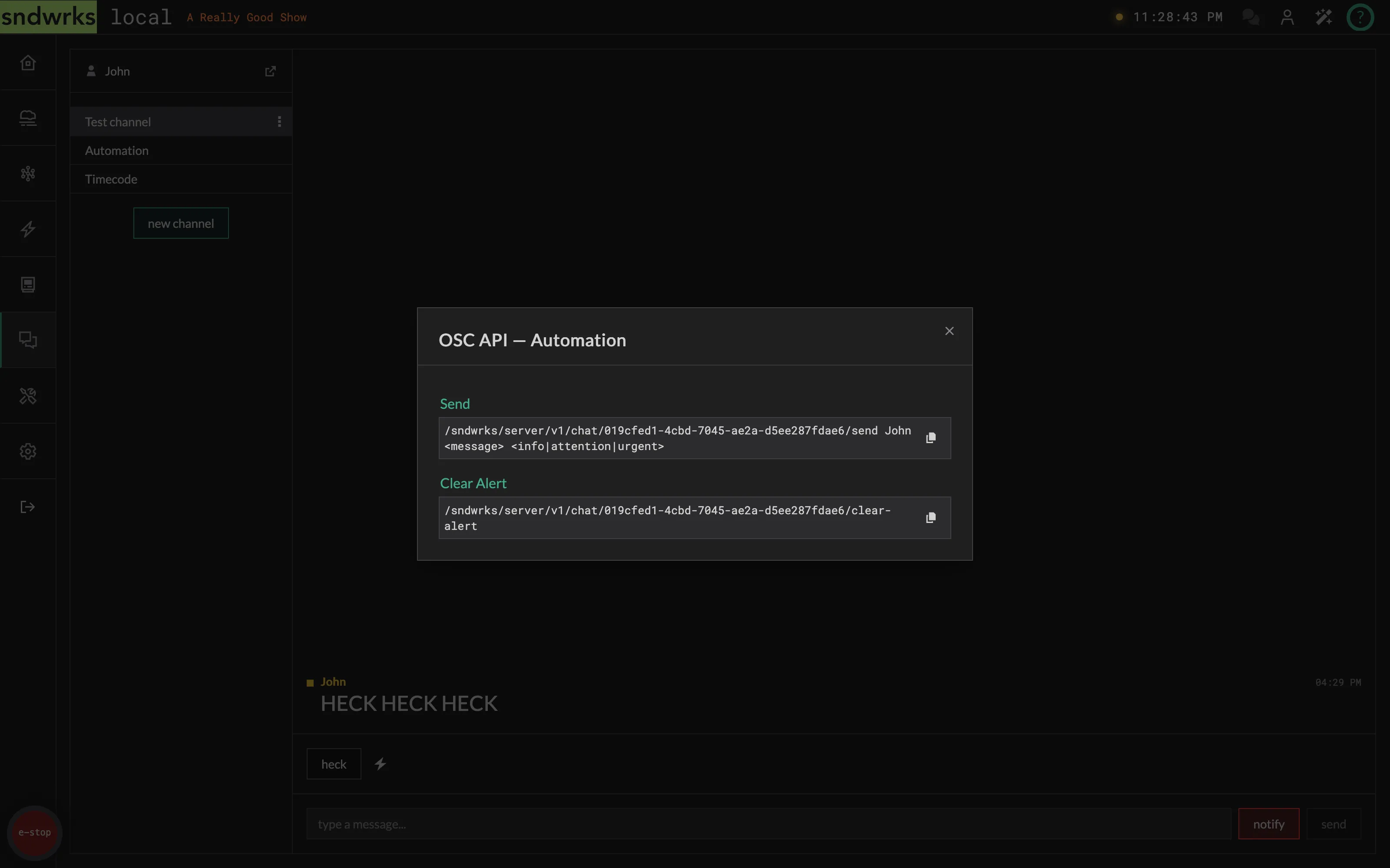 The OSC API dialog for a chat channel