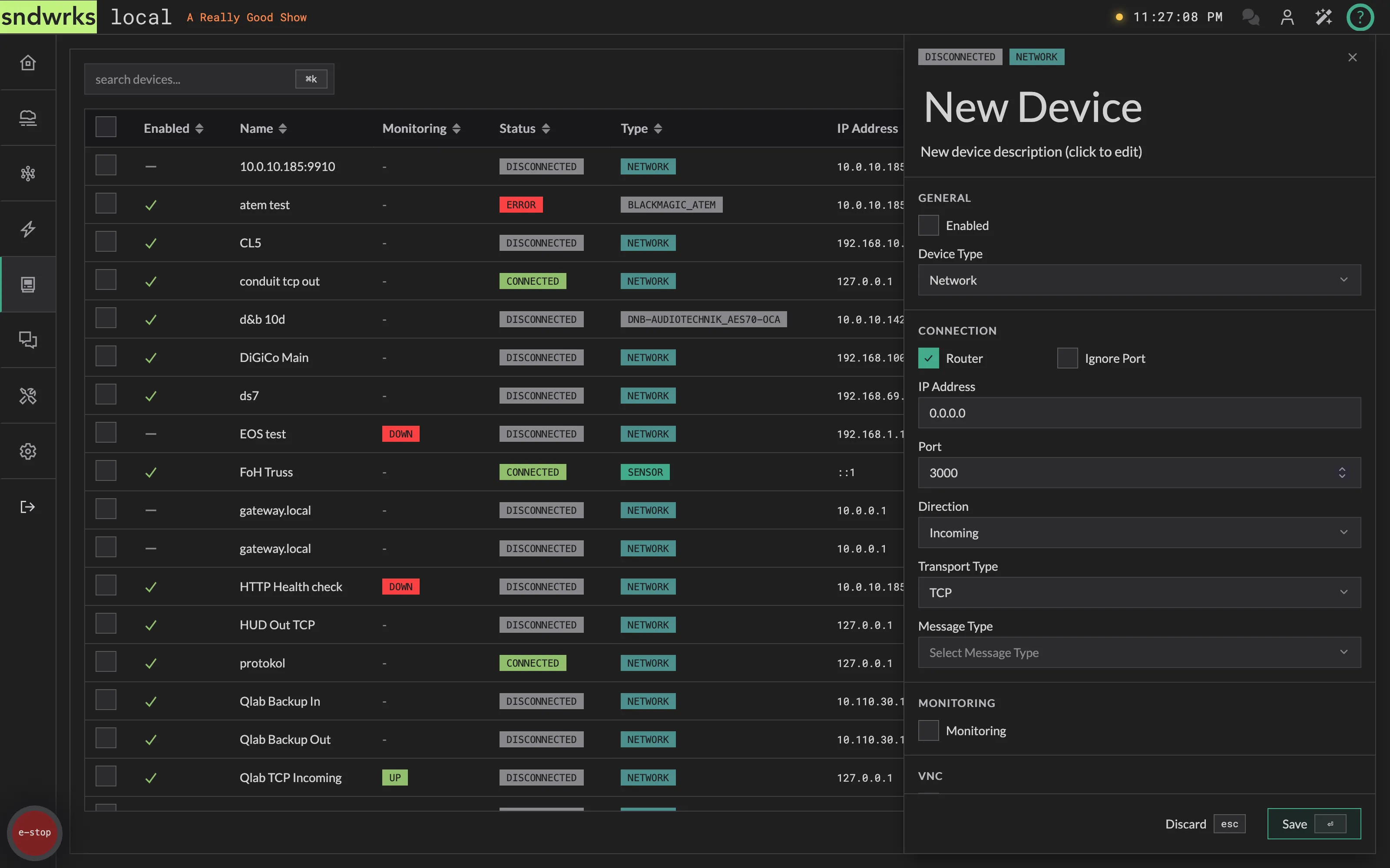 The device editor with Router enabled, revealing transport and message type
