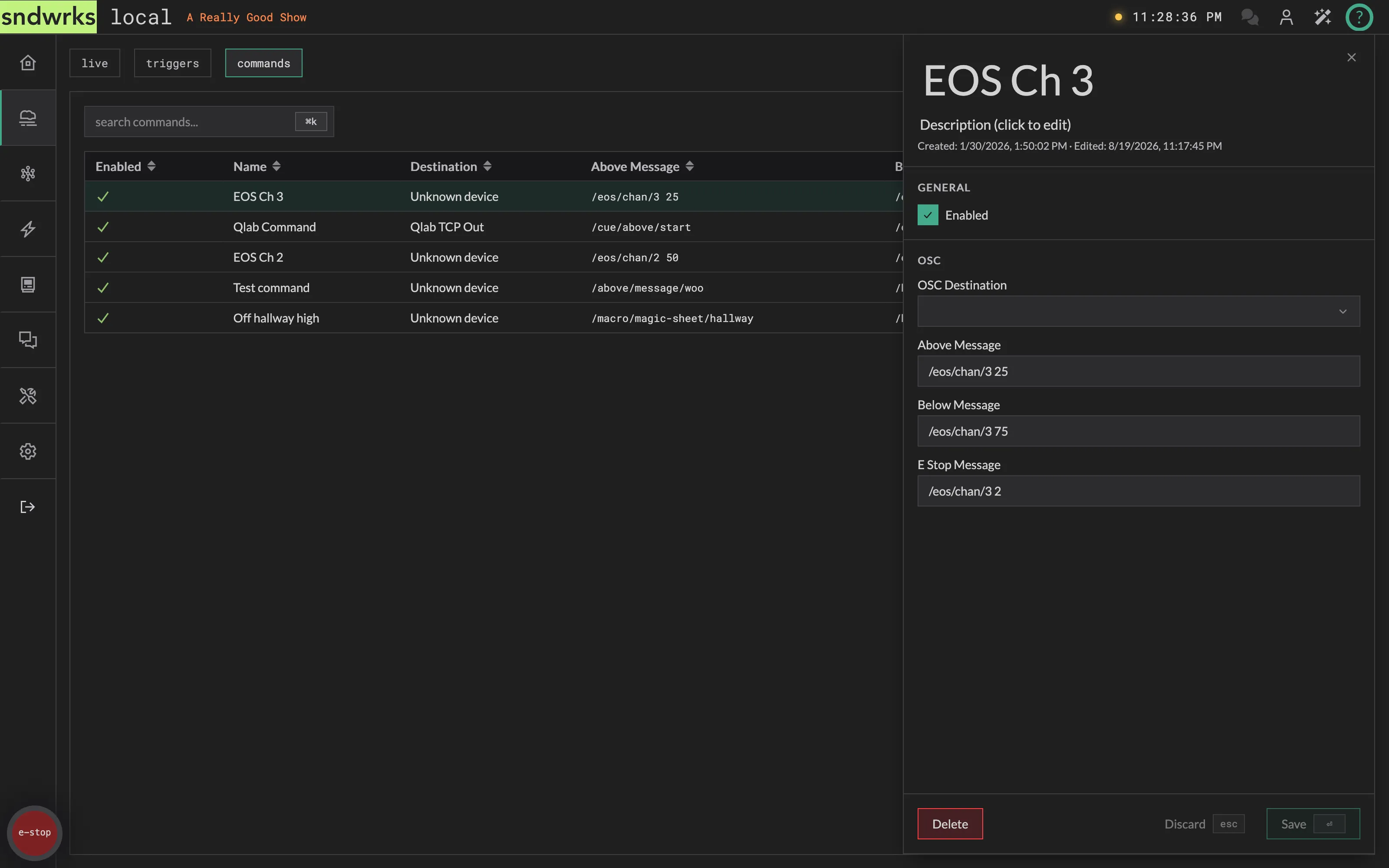 The Haze Watch command editor with above, below and E-Stop messages