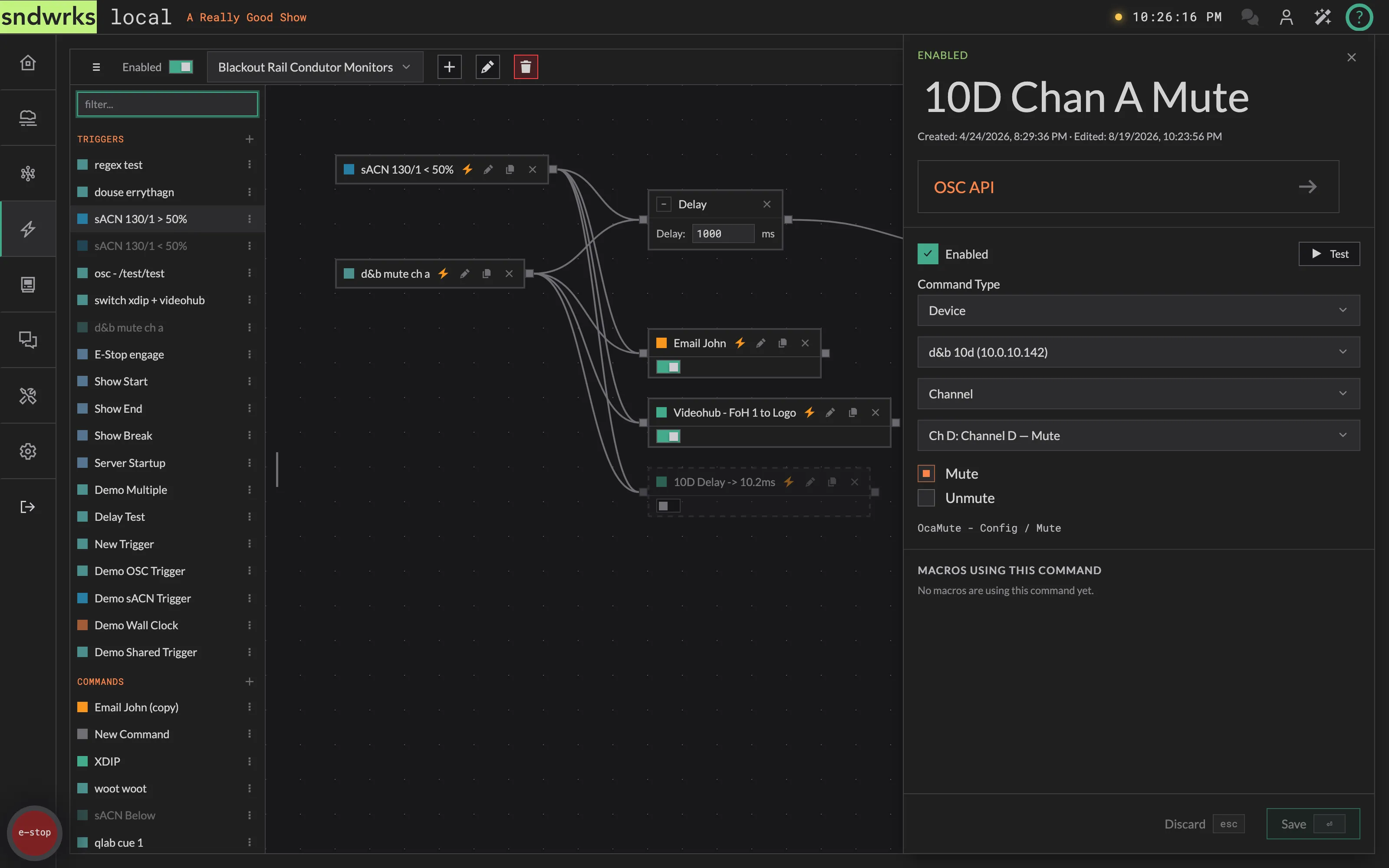A d&b device command muting an OCA channel