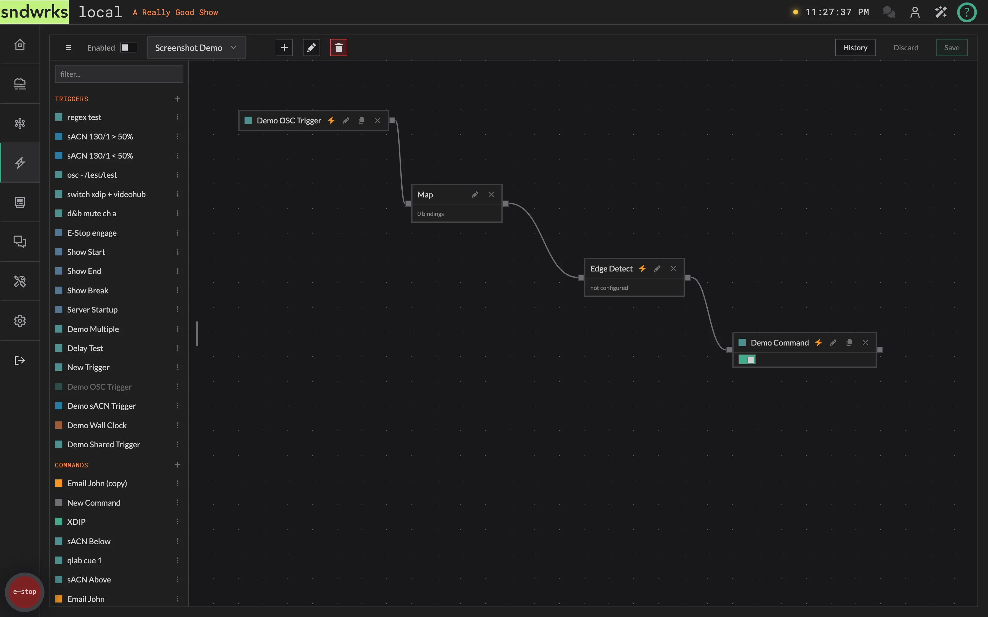 The macros page: controls along the top, nodes down the side, canvas in the middle
