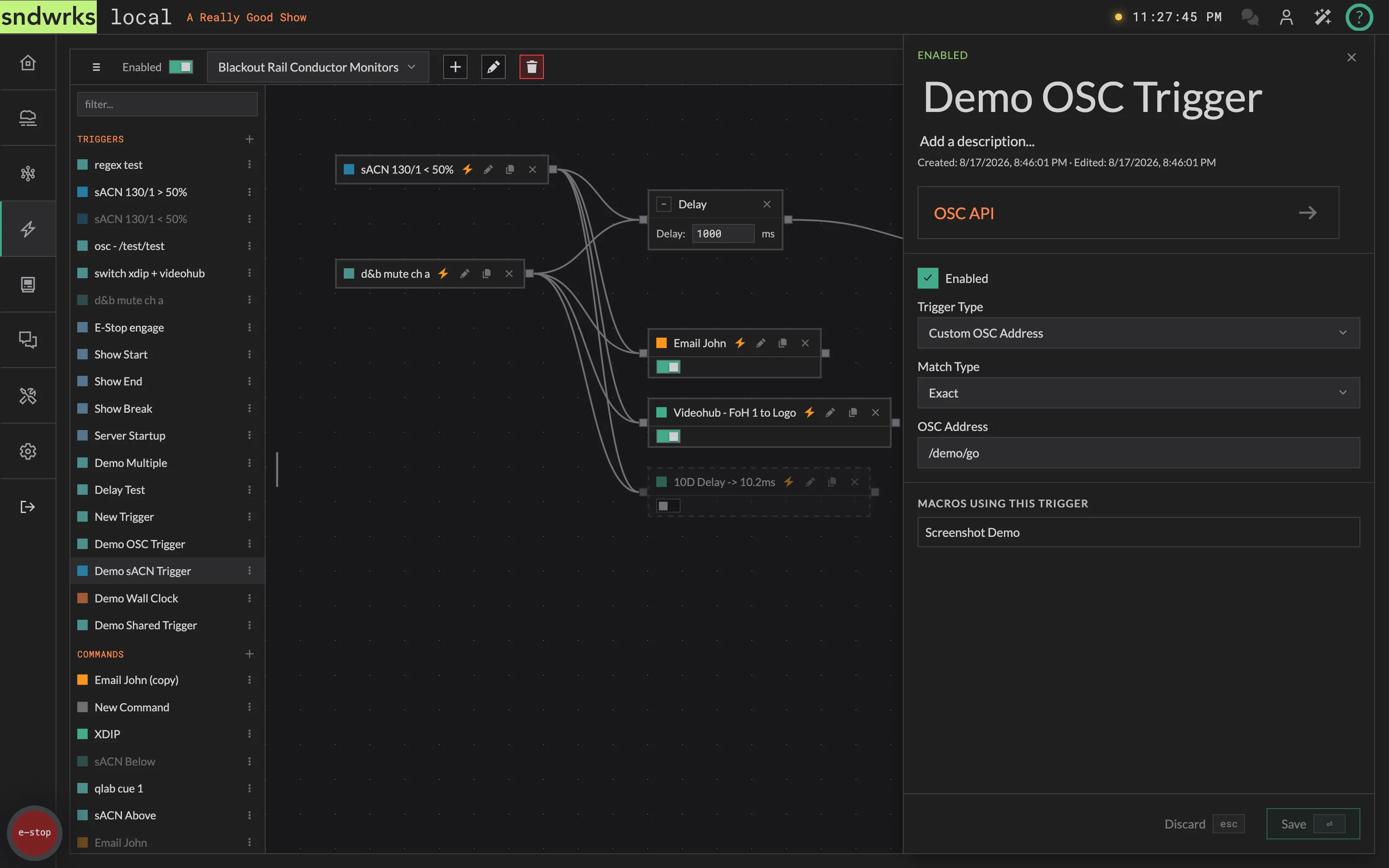 The OSC trigger editor showing match type