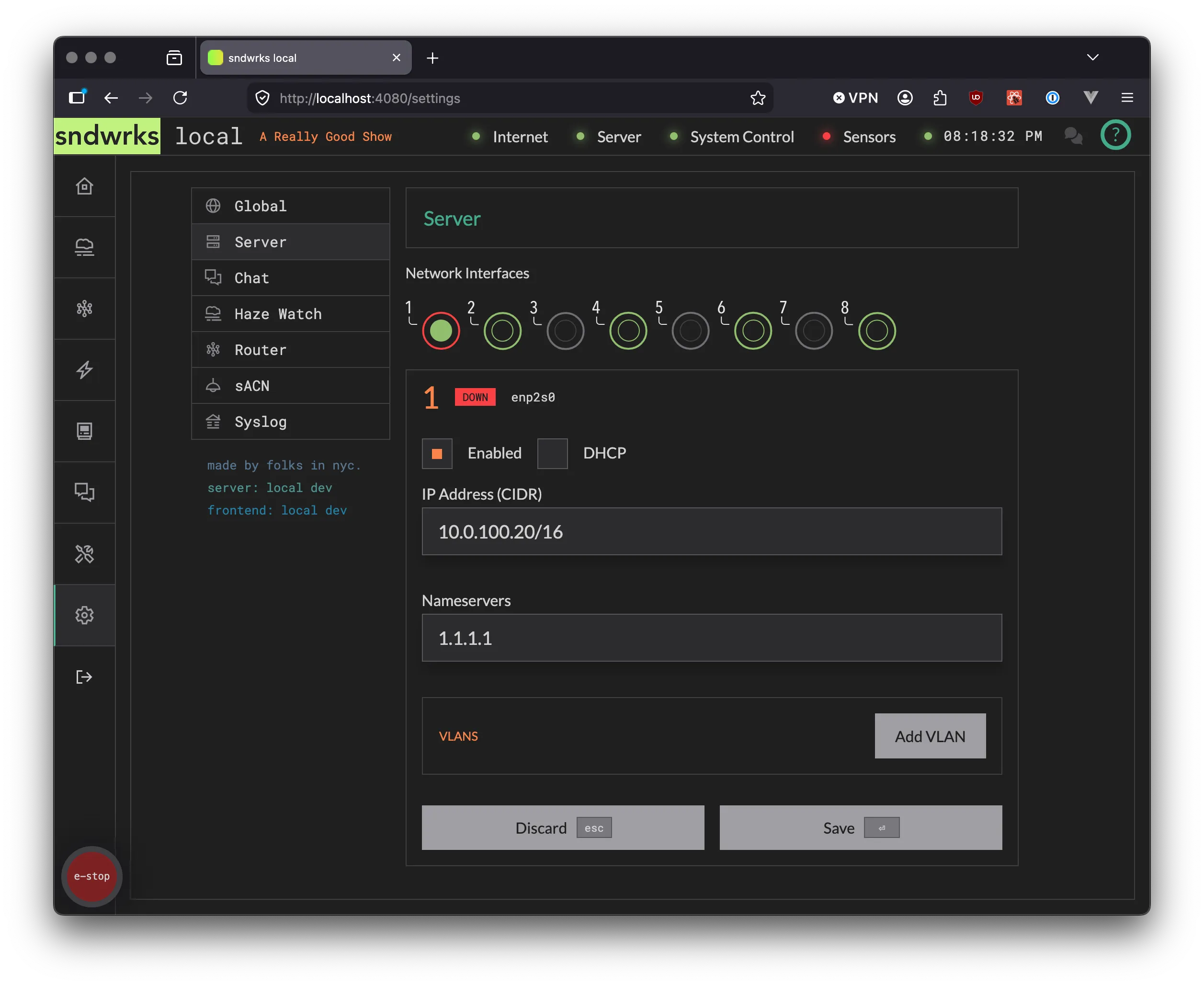 Network configuration page showing the interfaces and other parameters
