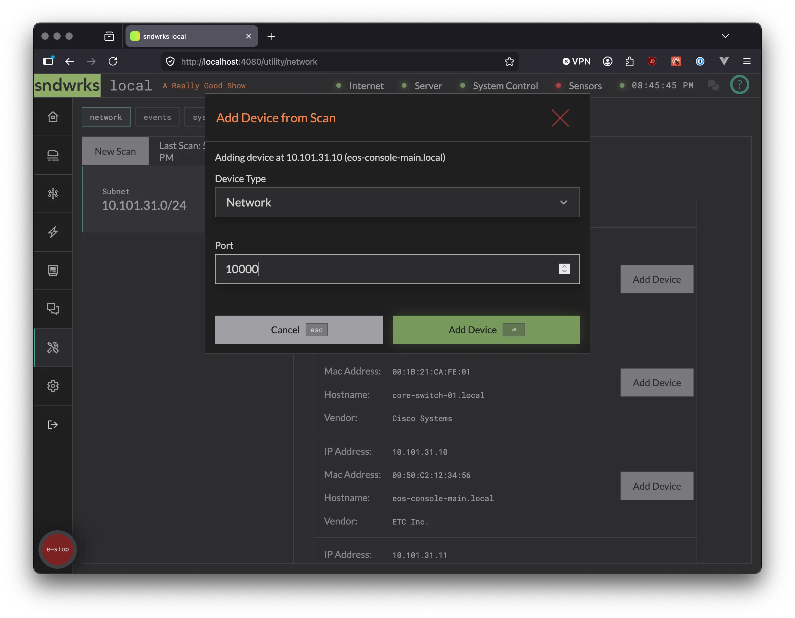 New device from network scan page showing adding a device in progress