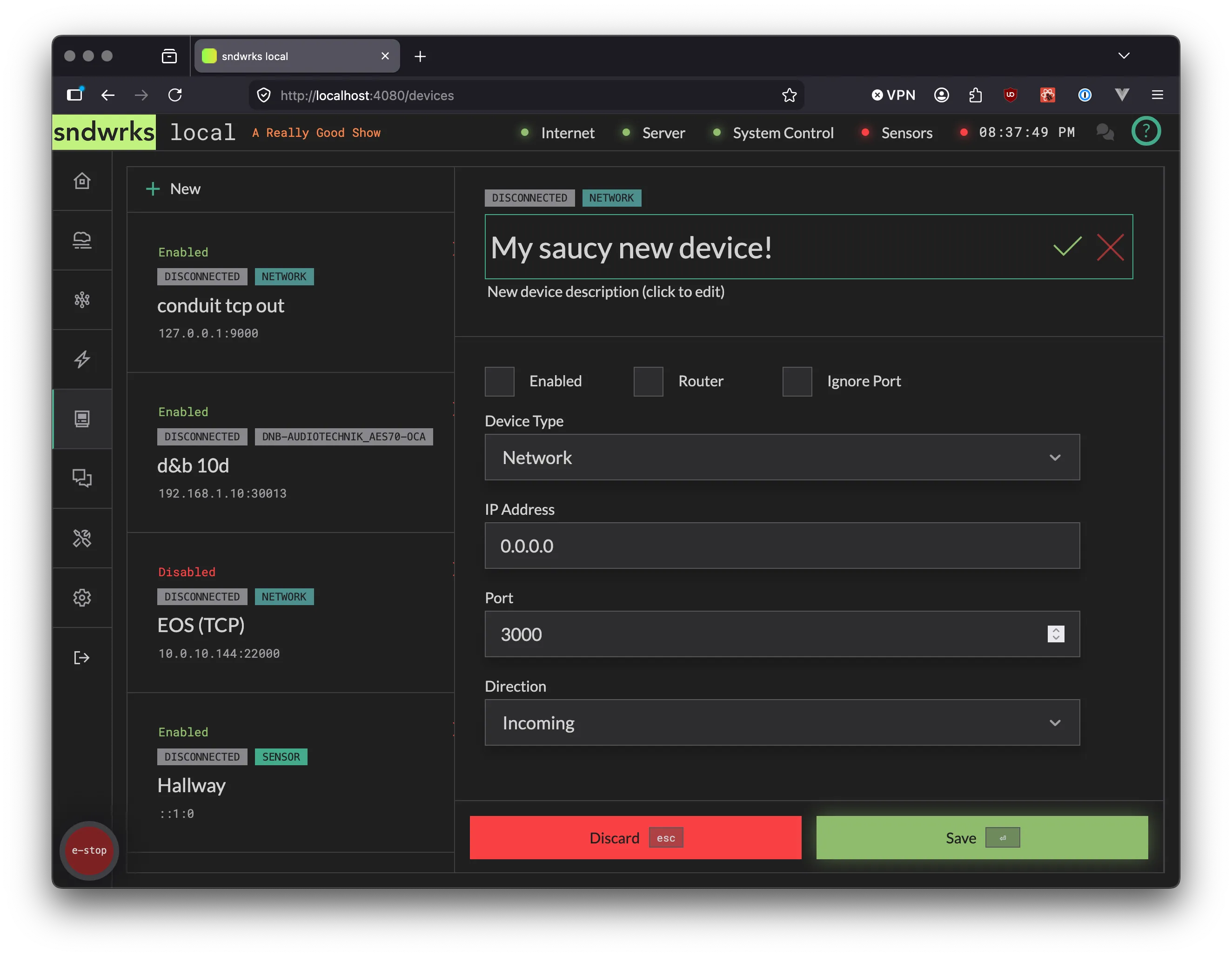 New device page showing device creation in progress