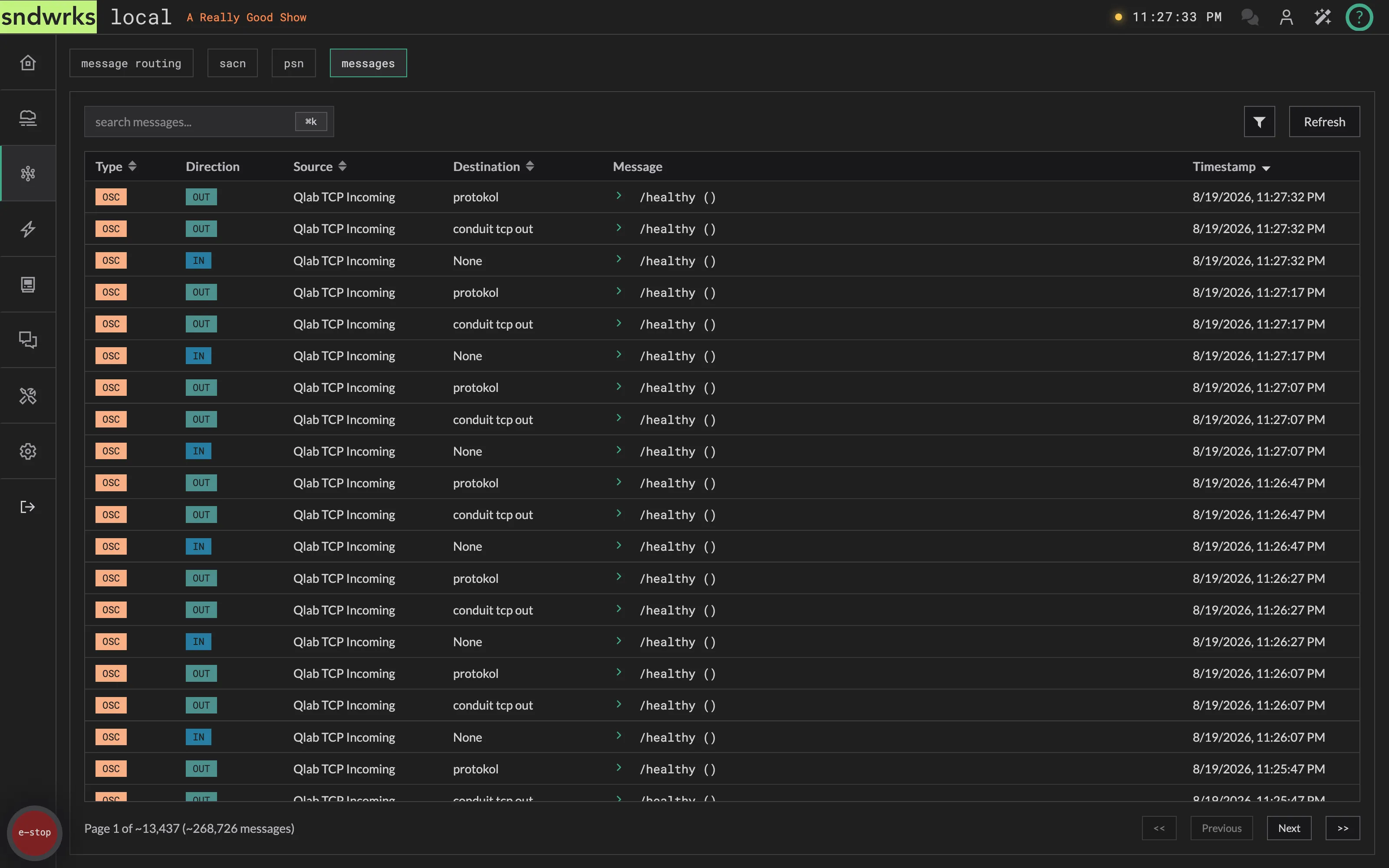 The router messages tab with live traffic