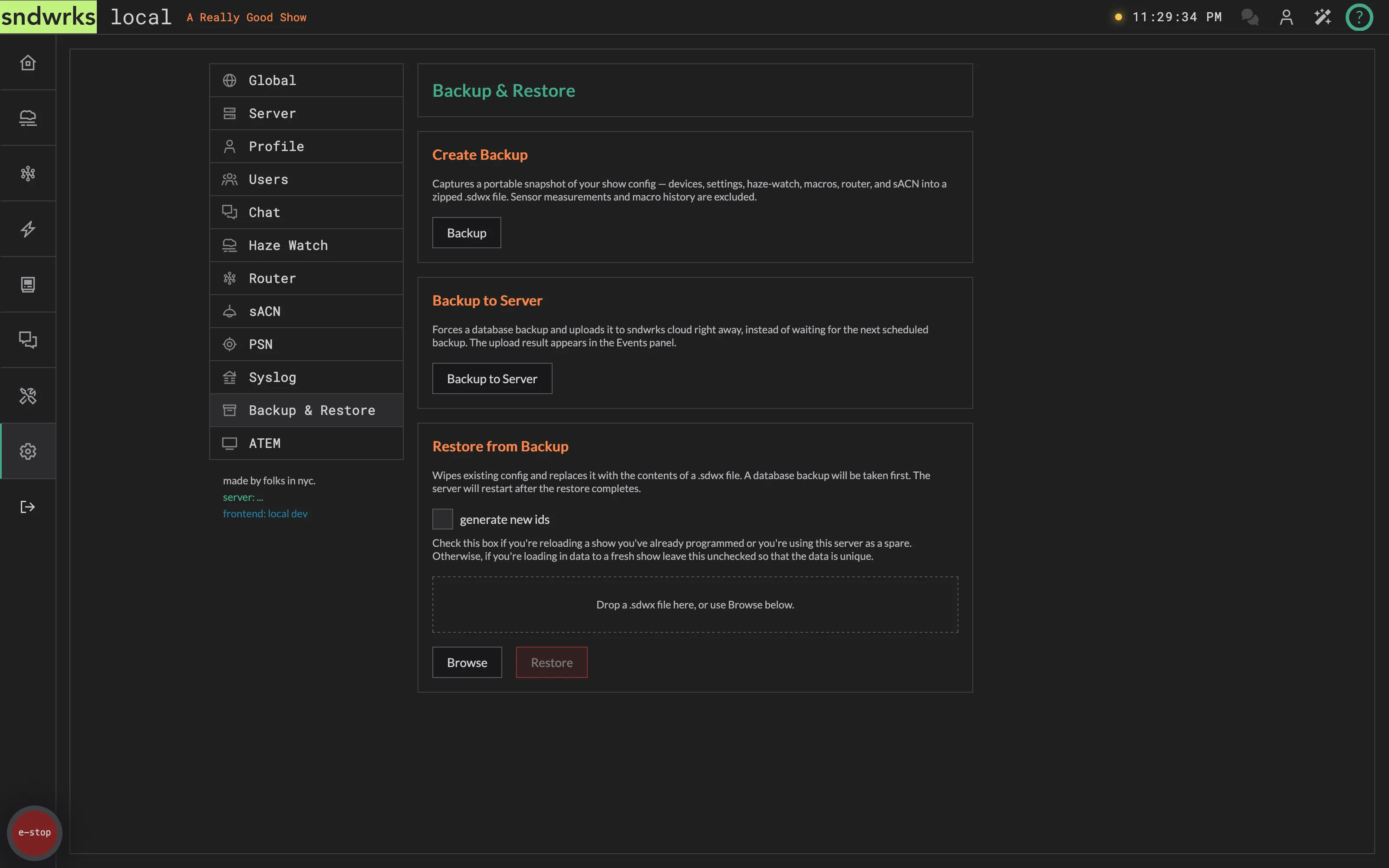 The backup and restore settings panel