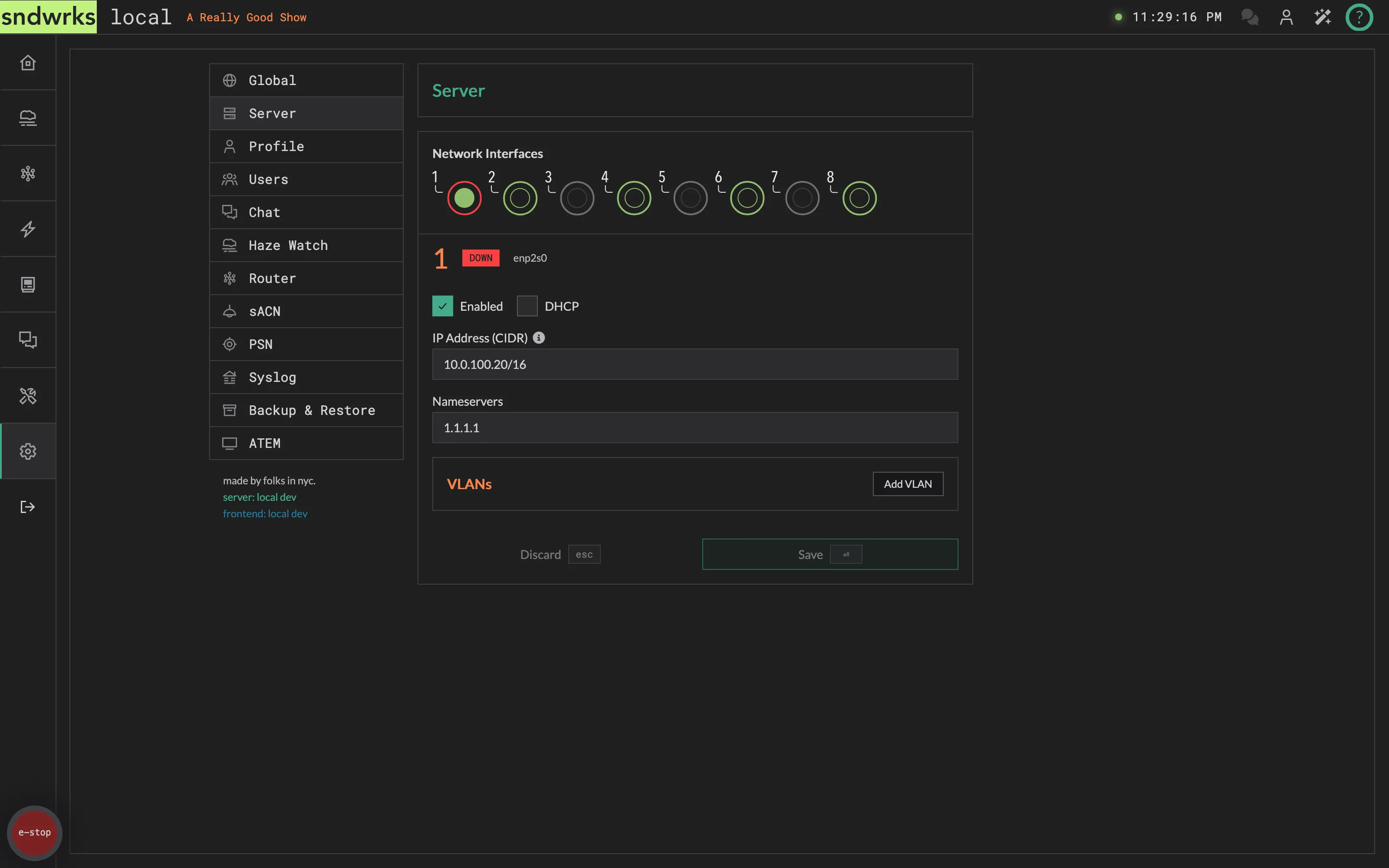 The Server settings panel with its interface list and network parameters