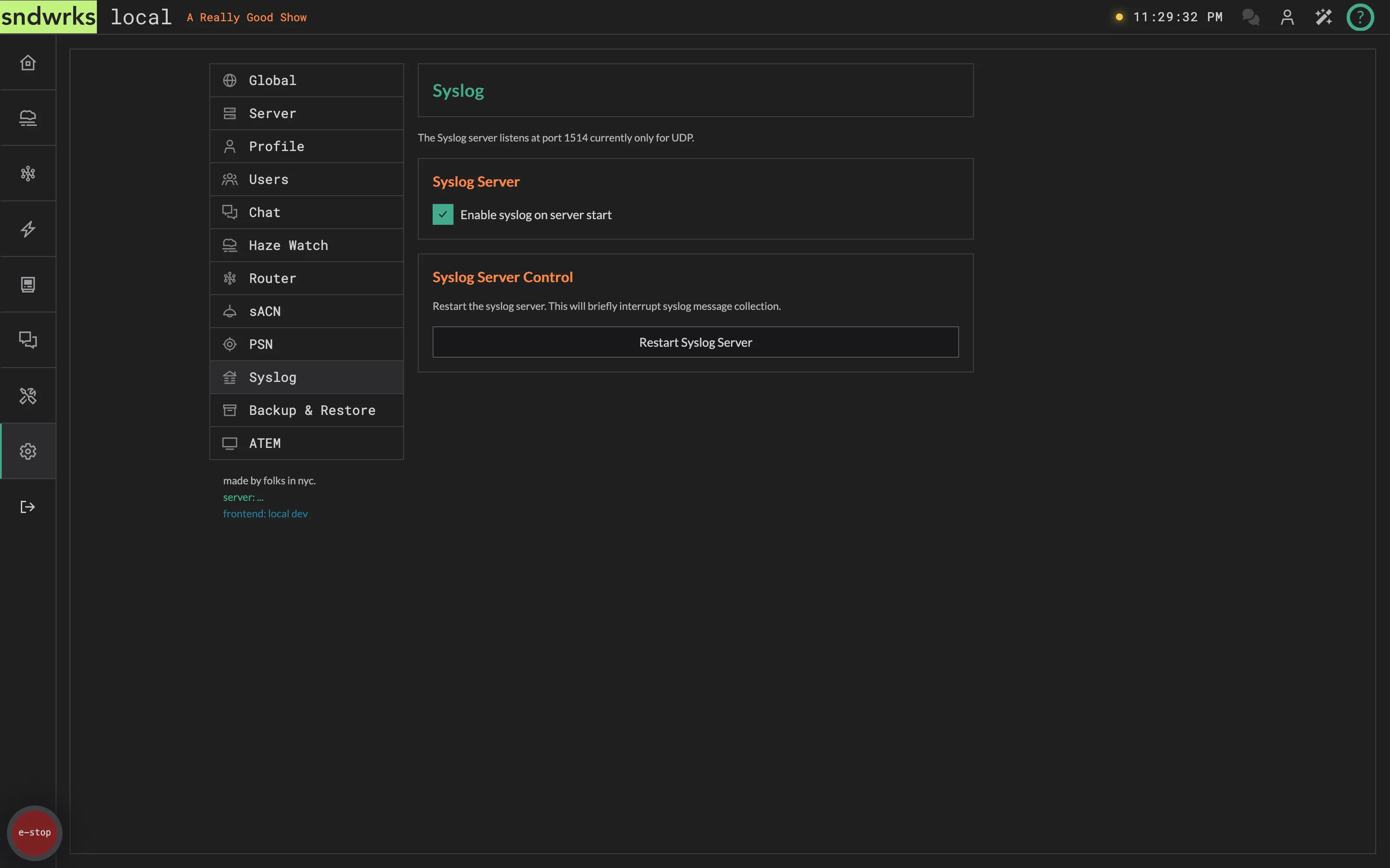 The syslog settings panel