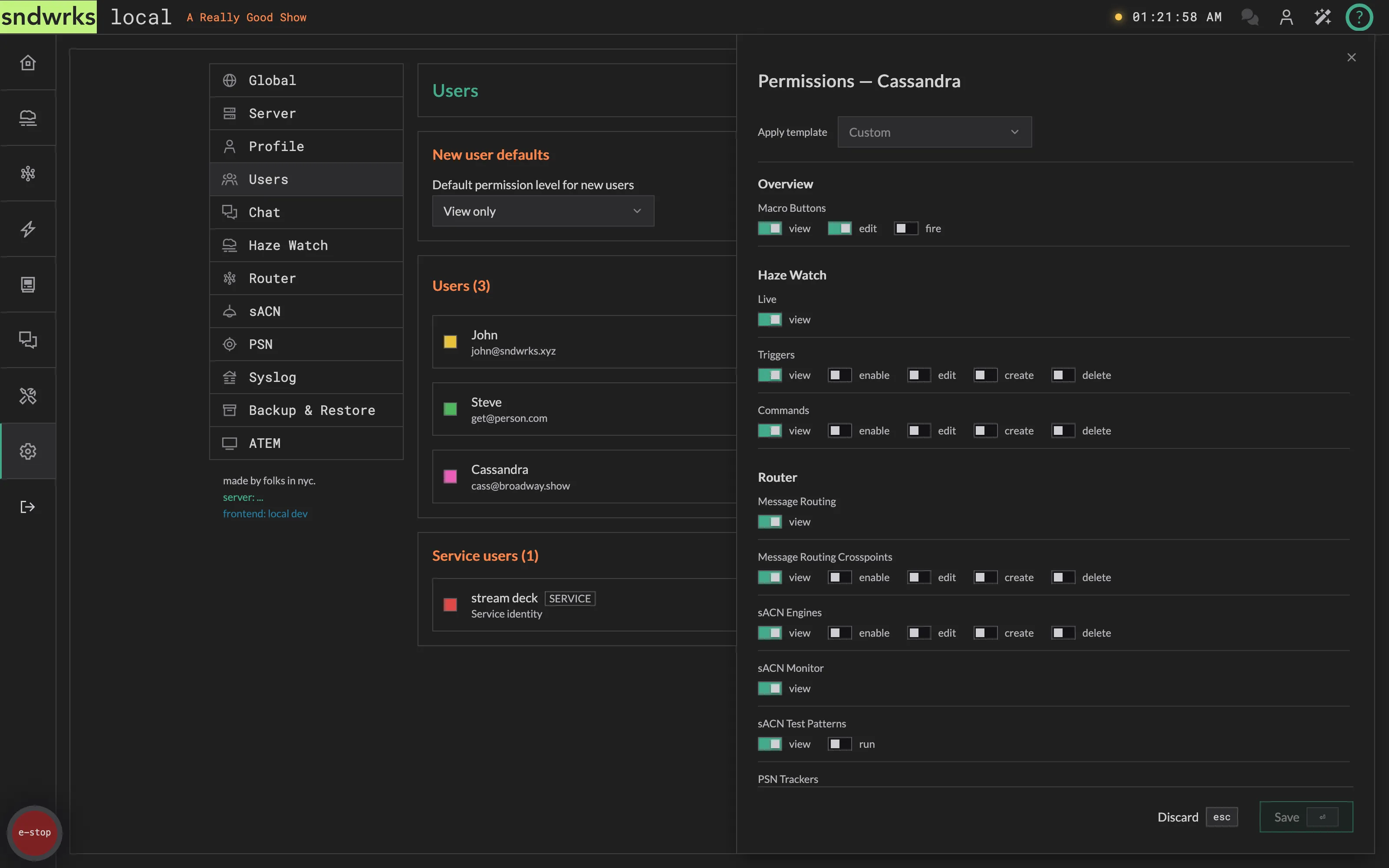 The permission editor for a user
