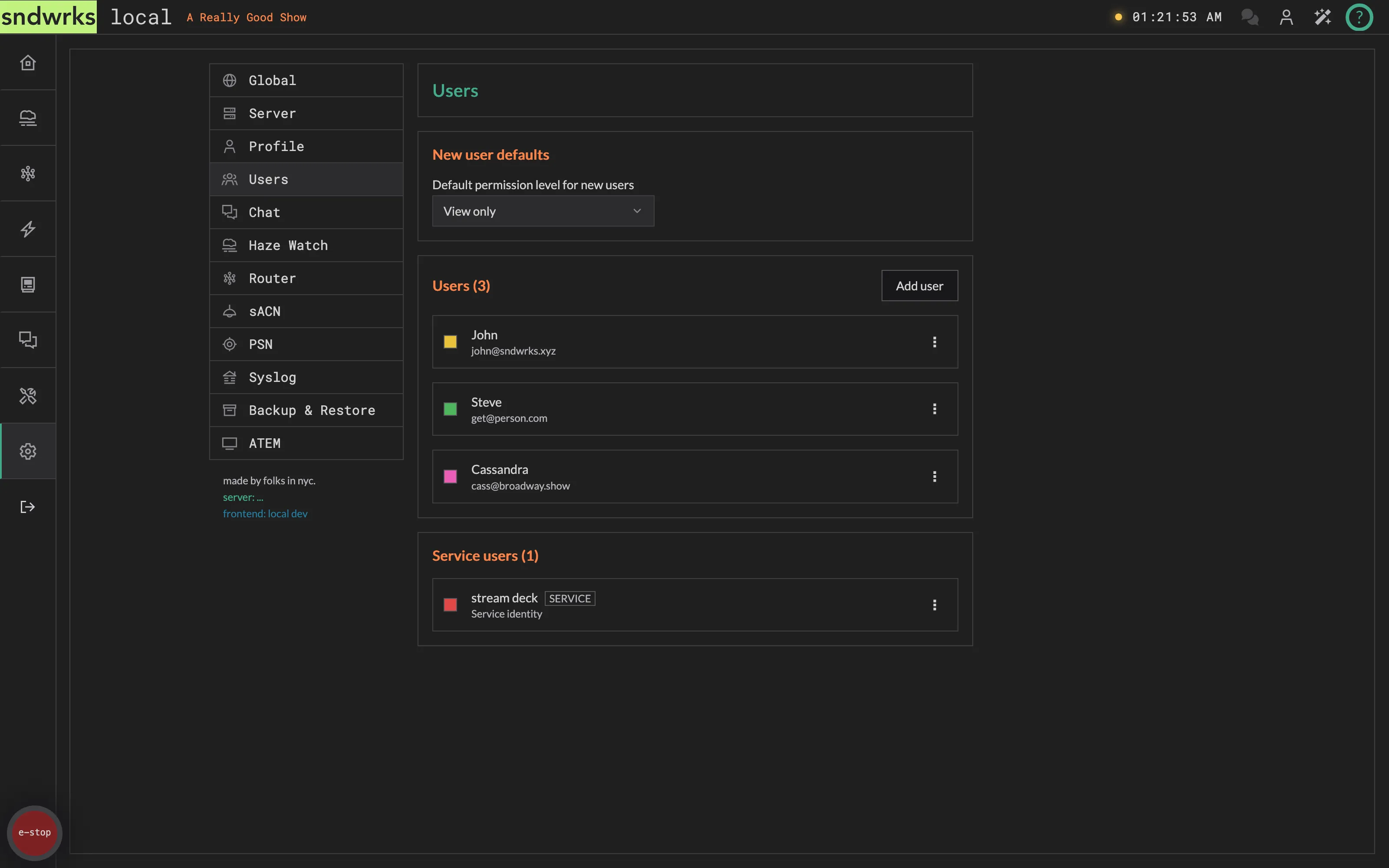 The users settings panel