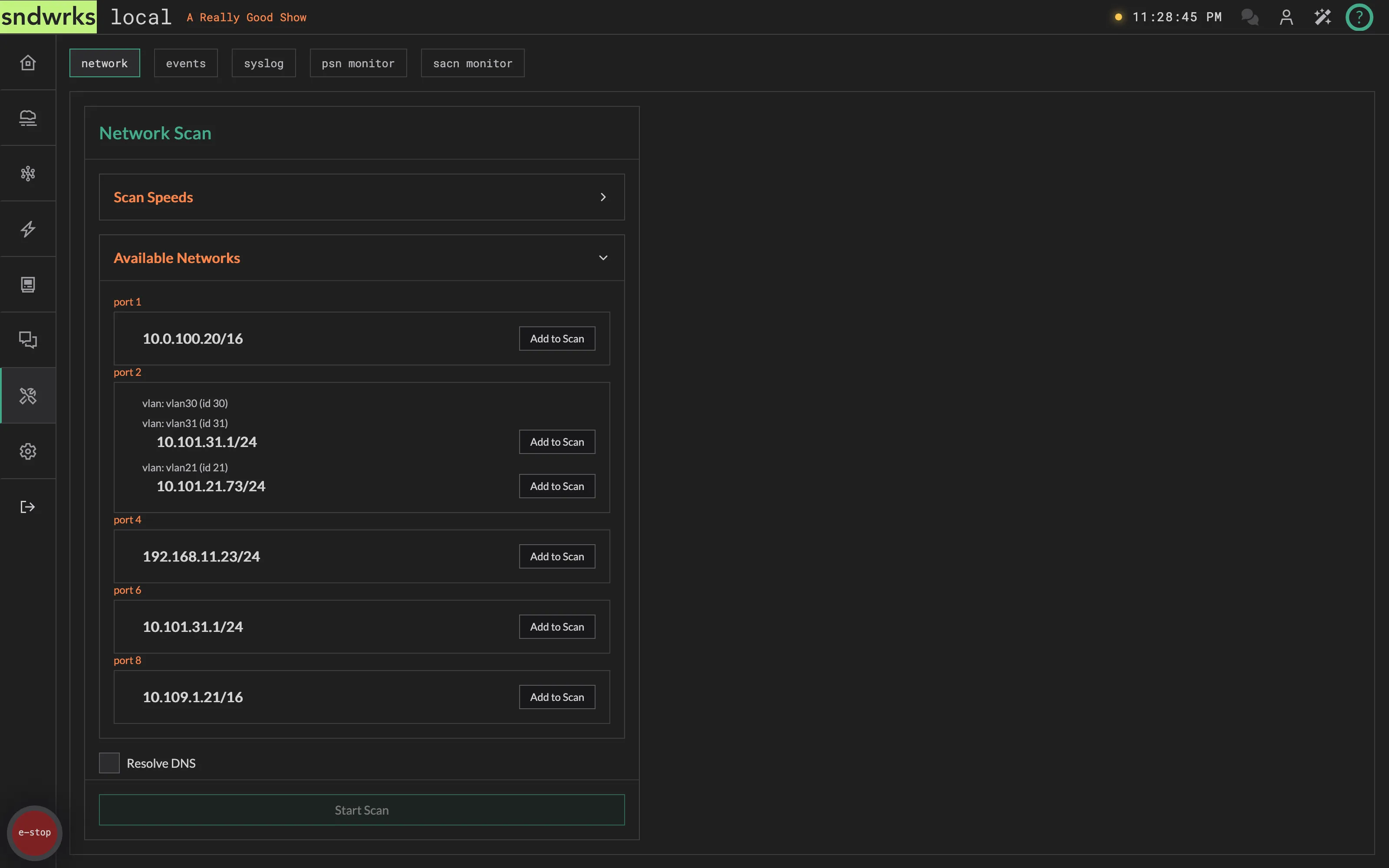 The network scan configuration panel