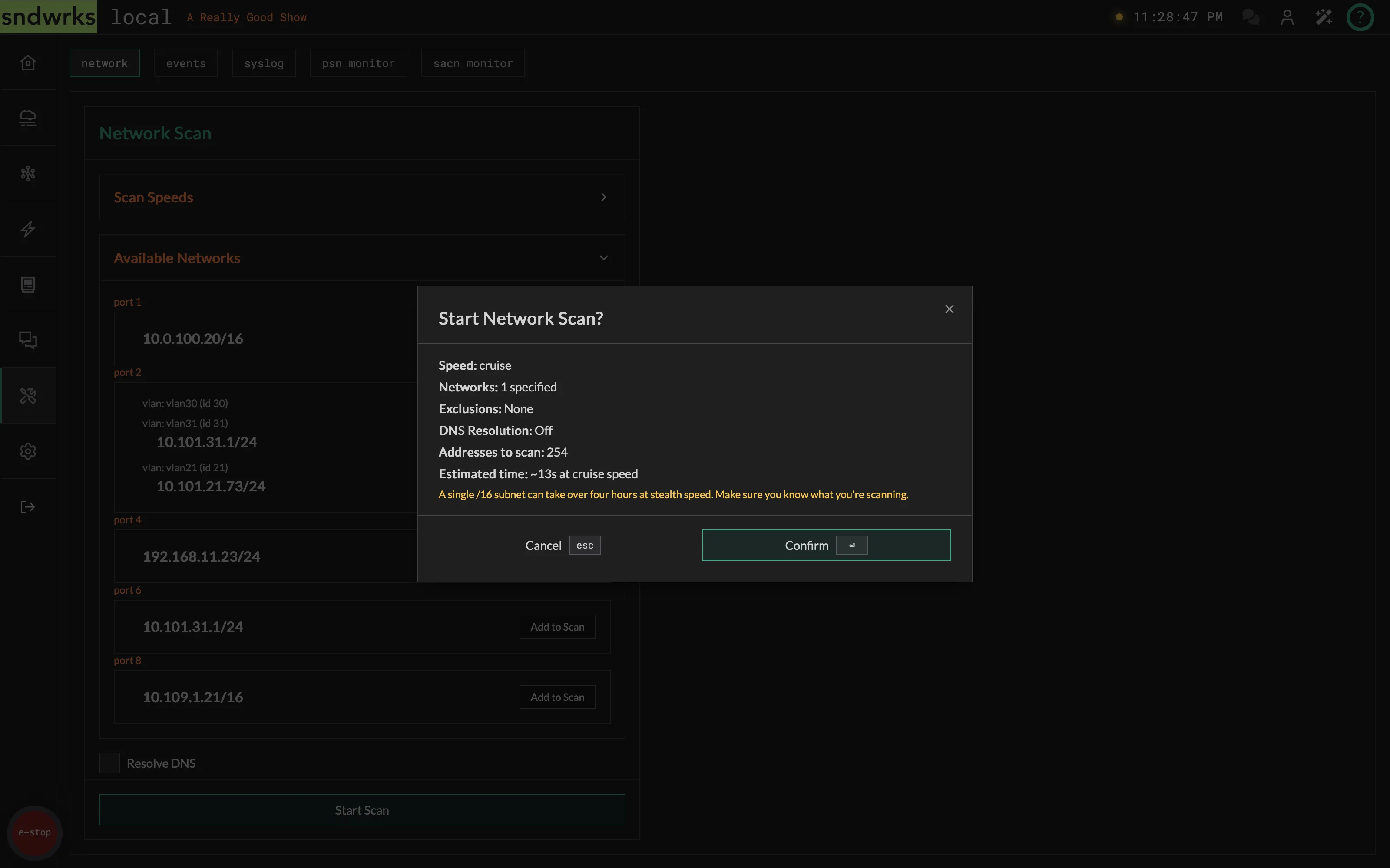 The Start Network Scan confirmation summary